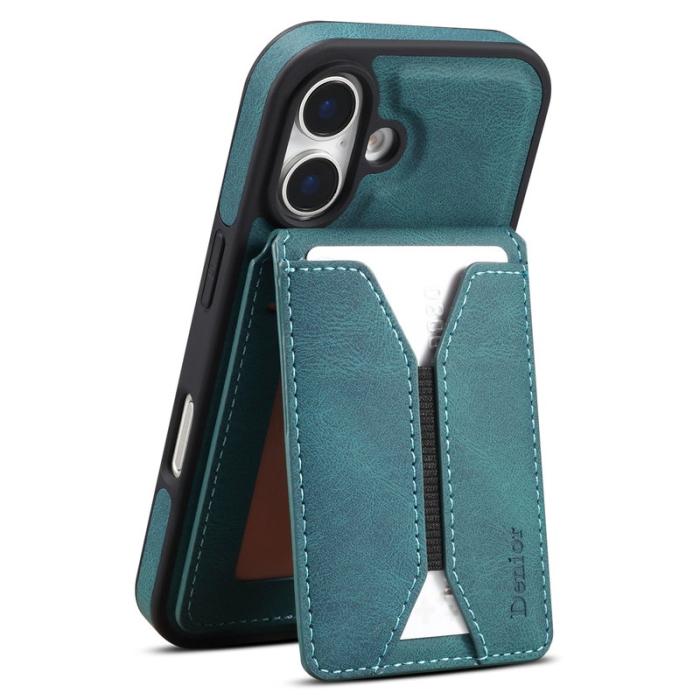 DENIOR - DENIOR D18 iPhone 16 Plus Fodral Ring Ställ i Läder PC TPU - Blå