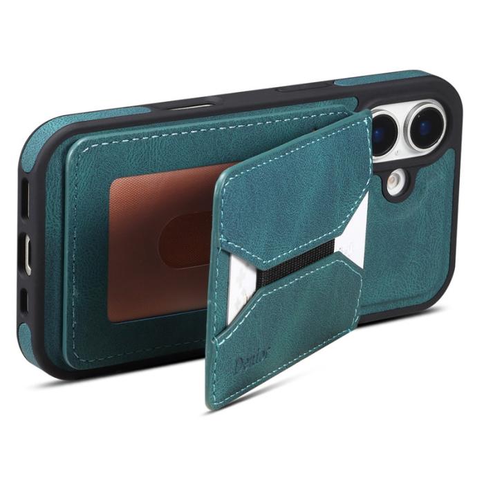 DENIOR - DENIOR D18 iPhone 16 Plus Fodral Ring Ställ i Läder PC TPU - Blå