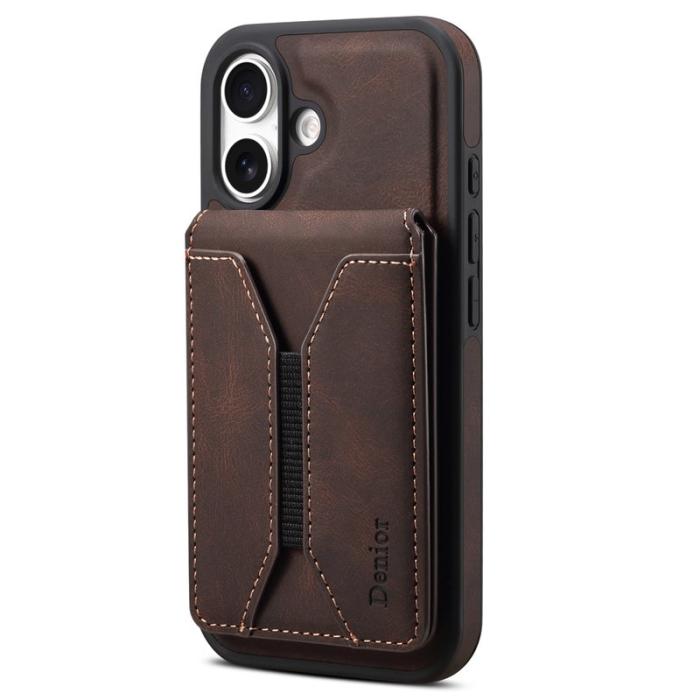 DENIOR - DENIOR D18 iPhone 16 Plus Fodral Ring Ställ i Läder PC TPU - Brun