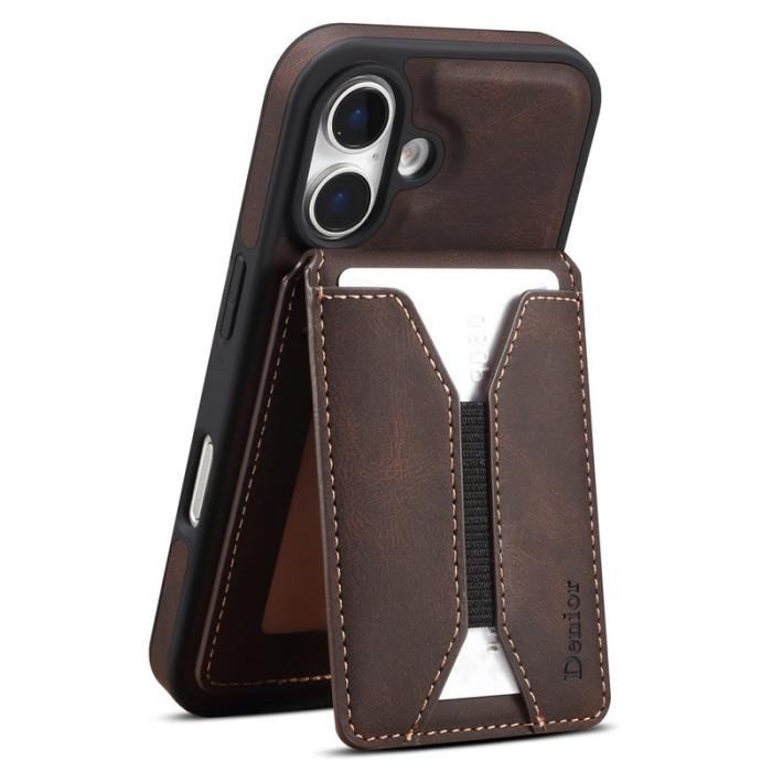 DENIOR - DENIOR D18 iPhone 16 Plus Fodral Ring Ställ i Läder PC TPU - Brun