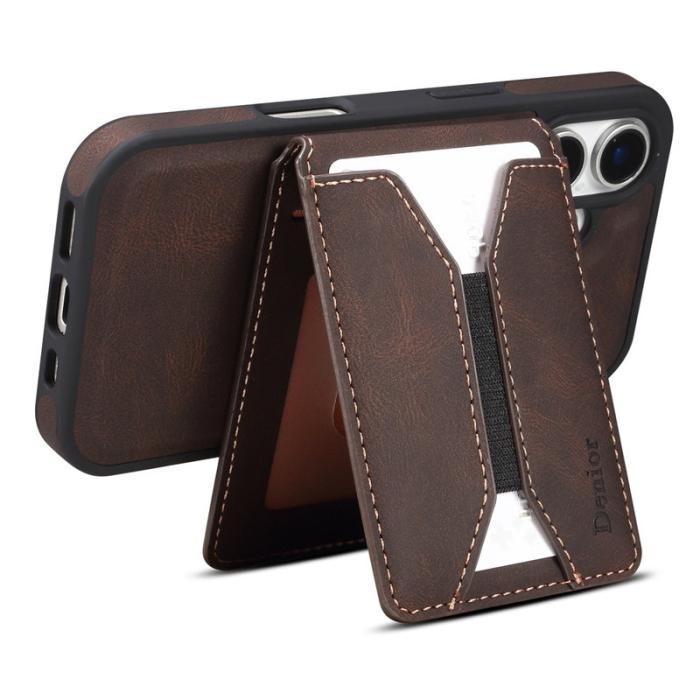 DENIOR - DENIOR D18 iPhone 16 Plus Fodral Ring Ställ i Läder PC TPU - Brun