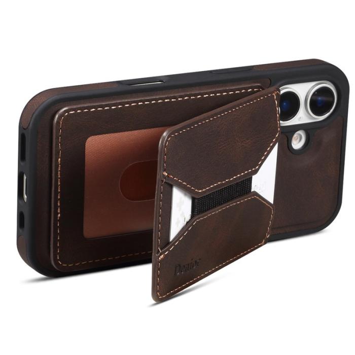 DENIOR - DENIOR D18 iPhone 16 Plus Fodral Ring Ställ i Läder PC TPU - Brun
