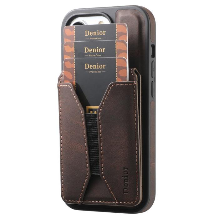 DENIOR - DENIOR D18 iPhone 16 Plus Fodral Ring Ställ i Läder PC TPU - Brun