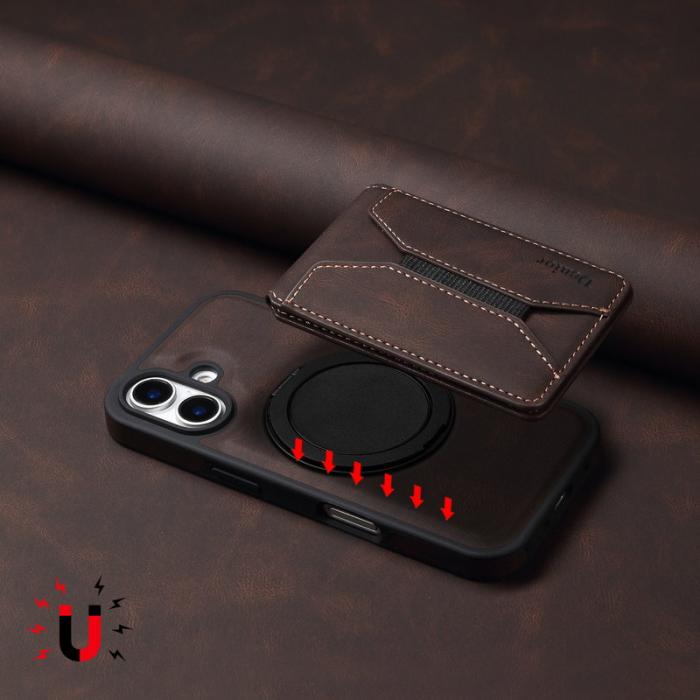 DENIOR - DENIOR D18 iPhone 16 Plus Fodral Ring Ställ i Läder PC TPU - Brun