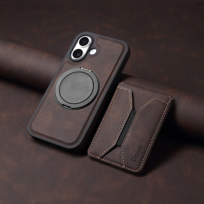 DENIOR - DENIOR D18 iPhone 16 Plus Fodral Ring Ställ i Läder PC TPU - Brun