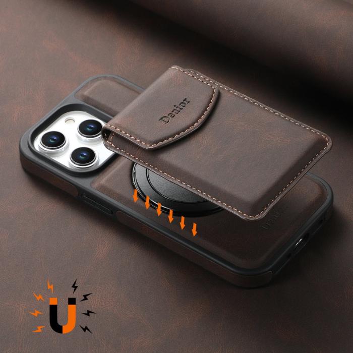 DENIOR - DENIOR D20 iPhone 15 Pro Fodral Avtagbar Kortväska Läder+PC+TPU Brun