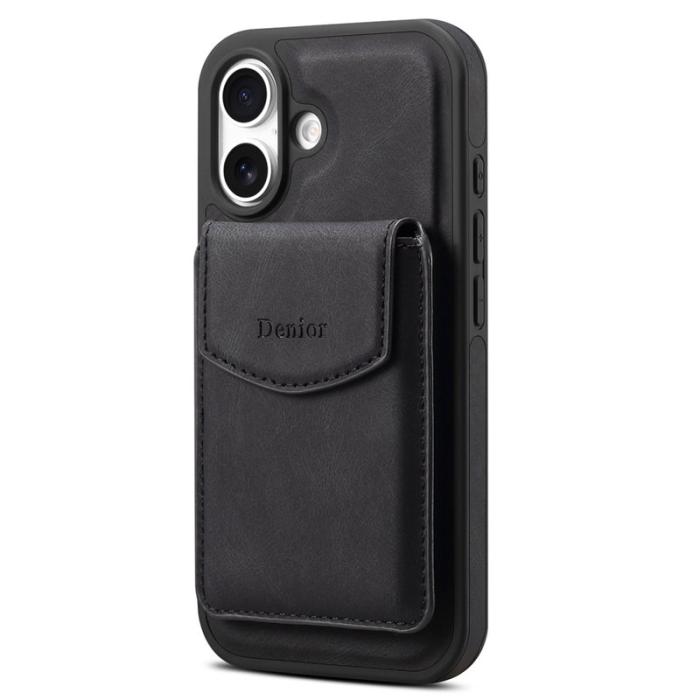 DENIOR - DENIOR D20 iPhone 16 Plus Fodral Avtagbar Kortväska Läder+PC+TPU Svart