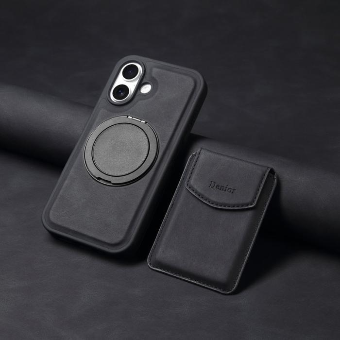 DENIOR - DENIOR D20 iPhone 16 Plus Fodral Avtagbar Kortväska Läder+PC+TPU Svart