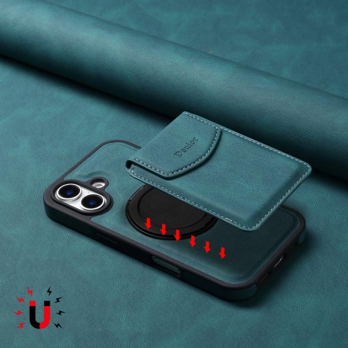 DENIOR - DENIOR D20 iPhone 16 Plus Fodral Avtagbar Kortväska Läder+PC Blå