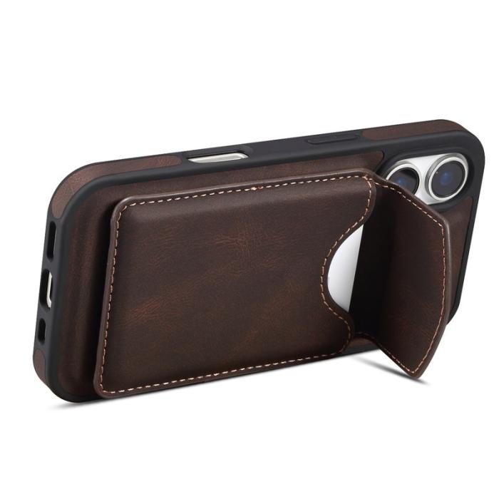 DENIOR - DENIOR D20 iPhone 16 Plus Fodral Avtagbar Kortväska Läder+PC+TPU Brun