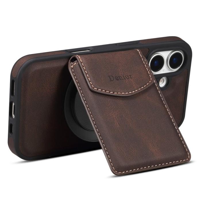 DENIOR - DENIOR D20 iPhone 16 Plus Fodral Avtagbar Kortväska Läder+PC+TPU Brun
