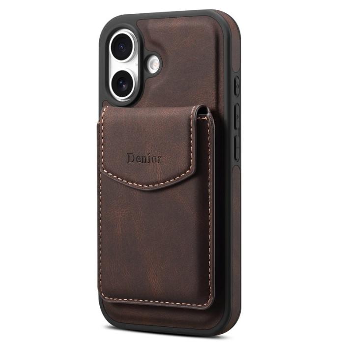 DENIOR - DENIOR D20 iPhone 16 Plus Fodral Avtagbar Kortväska Läder+PC+TPU Brun