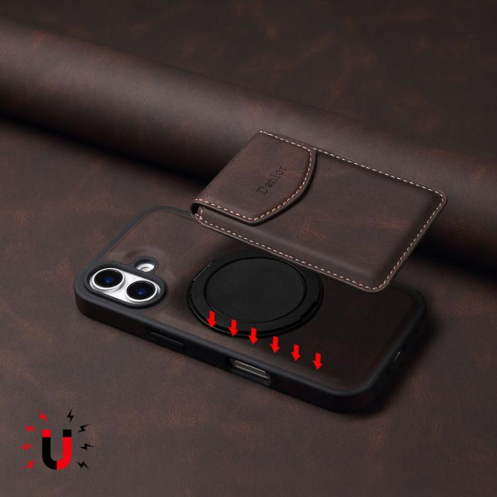 DENIOR - DENIOR D20 iPhone 16 Plus Fodral Avtagbar Kortväska Läder+PC+TPU Brun