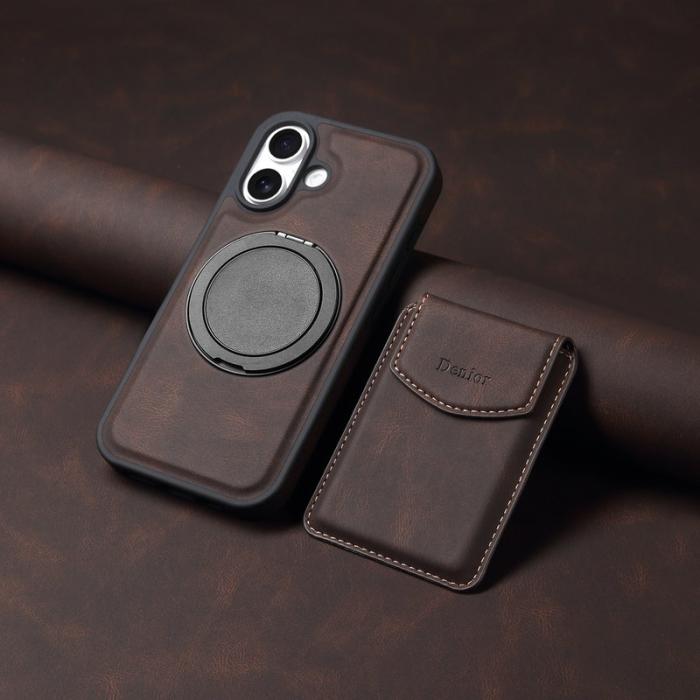 DENIOR - DENIOR D20 iPhone 16 Plus Fodral Avtagbar Kortväska Läder+PC+TPU Brun