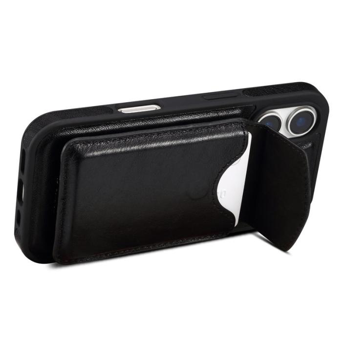 DENIOR - DENIOR D22 iPhone 16 Fodral Avtagbar Kortväska Äkta Läder - Svart