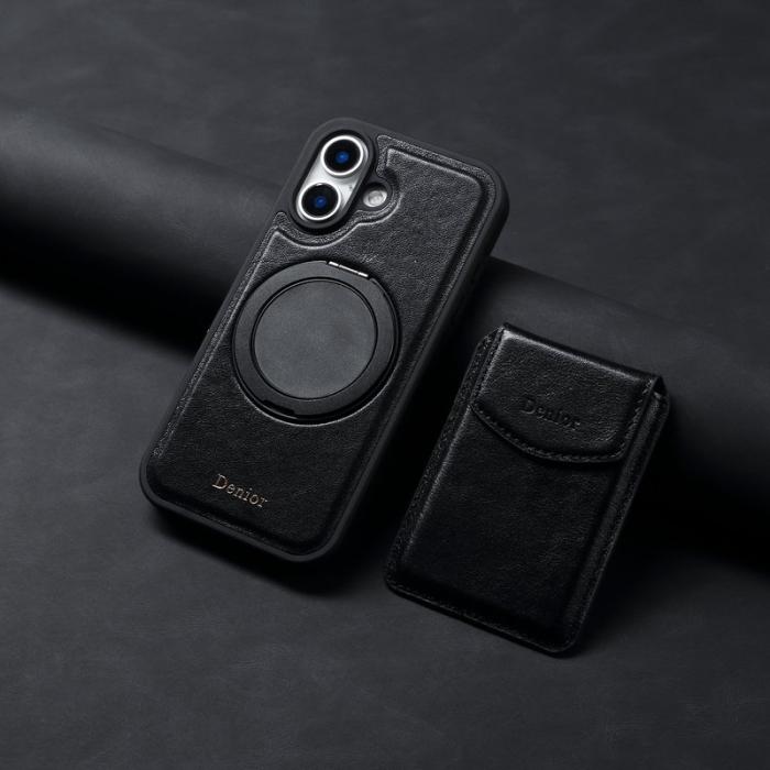 DENIOR - DENIOR D22 iPhone 16 Fodral Avtagbar Kortväska Äkta Läder - Svart