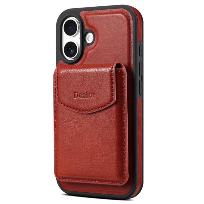 DENIOR - DENIOR D22 iPhone 16 Fodral Avtagbar Kortväska Äkta Läder Röd