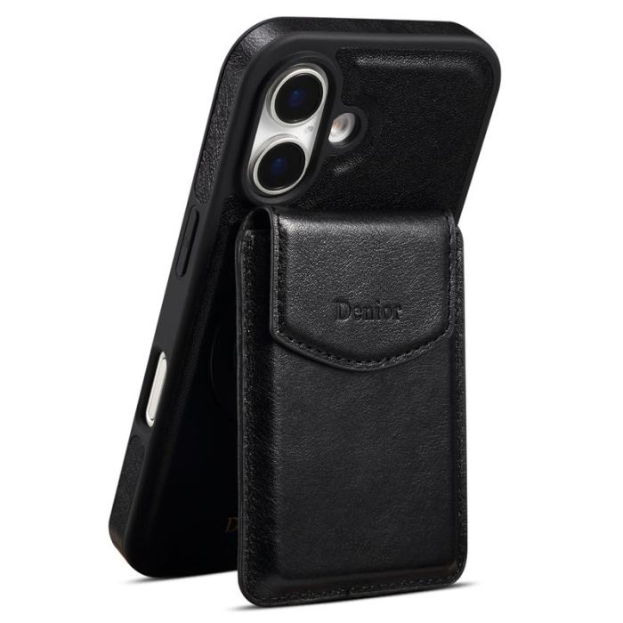 DENIOR - DENIOR D22 iPhone 16 Plus Fodral Avtagbar Kortväska Äkta Läder Svart