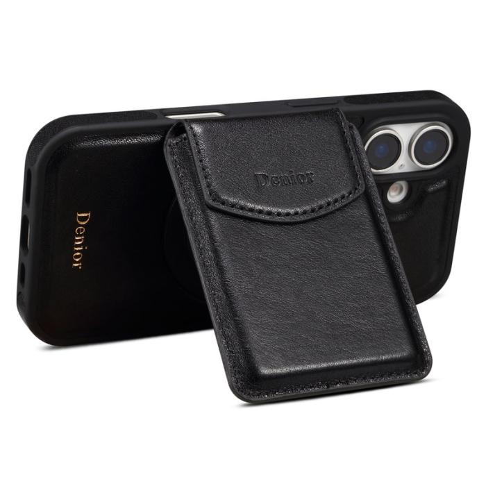 DENIOR - DENIOR D22 iPhone 16 Plus Fodral Avtagbar Kortväska Äkta Läder Svart