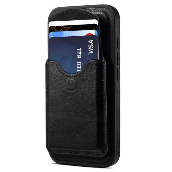 DENIOR - DENIOR D22 iPhone 16 Plus Fodral Avtagbar Kortväska Äkta Läder Svart