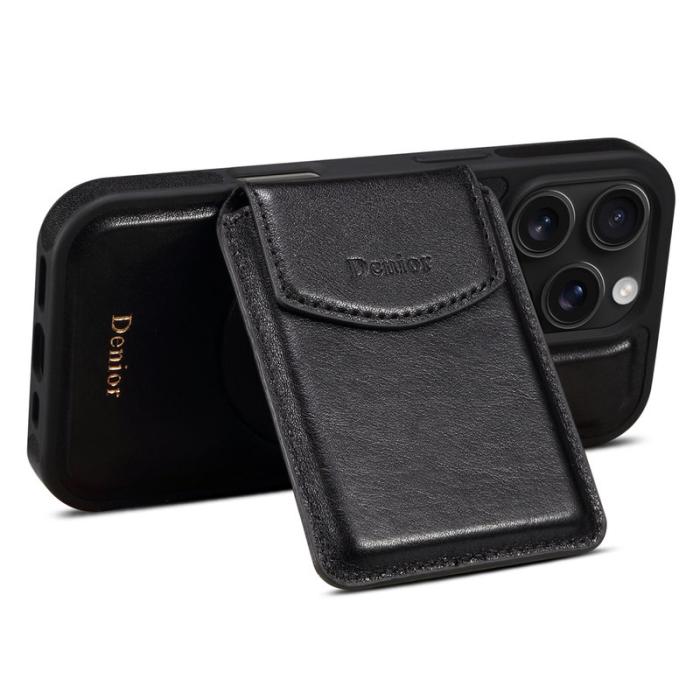 DENIOR - DENIOR D22 iPhone 16 Pro Fodral Avtagbar Kortväska Äkta Läder Svart
