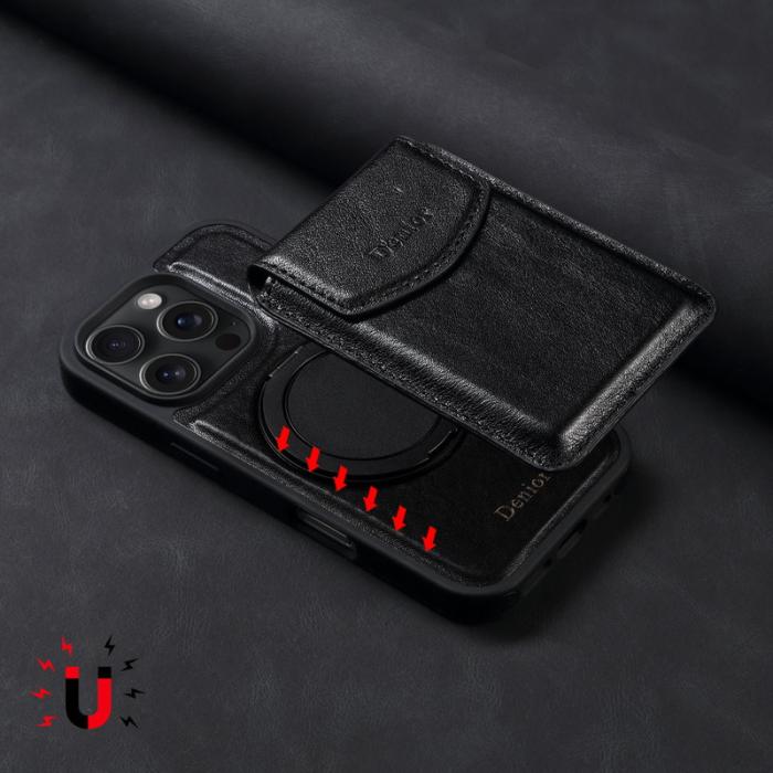 DENIOR - DENIOR D22 iPhone 16 Pro Fodral Avtagbar Kortväska Äkta Läder Svart