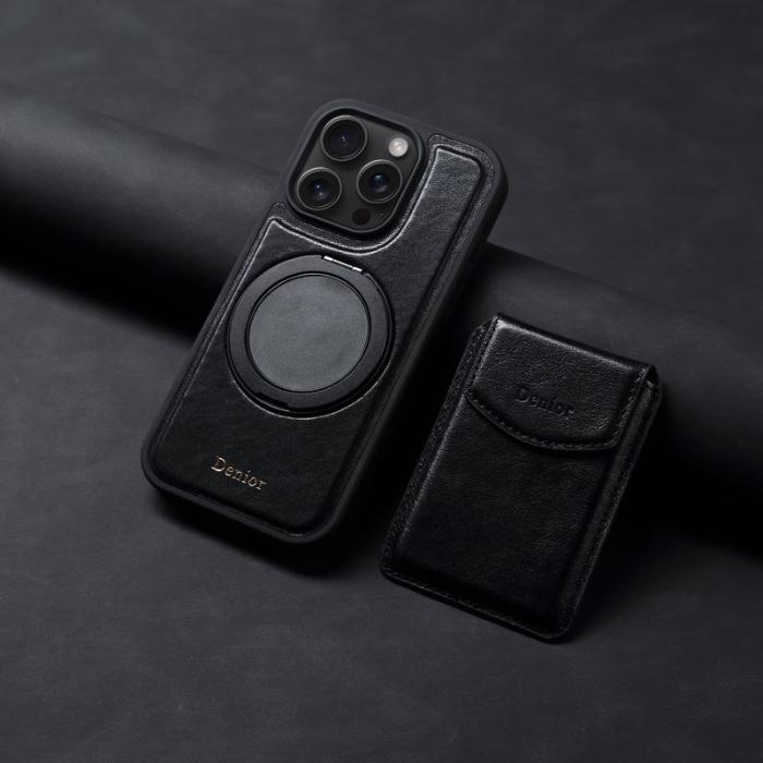 DENIOR - DENIOR D22 iPhone 16 Pro Fodral Avtagbar Kortväska Äkta Läder Svart