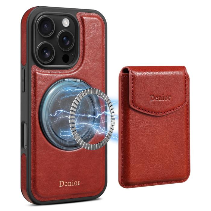DENIOR - DENIOR D22 iPhone 16 Pro Fodral Avtagbar Kortväska Äkta Läder Röd