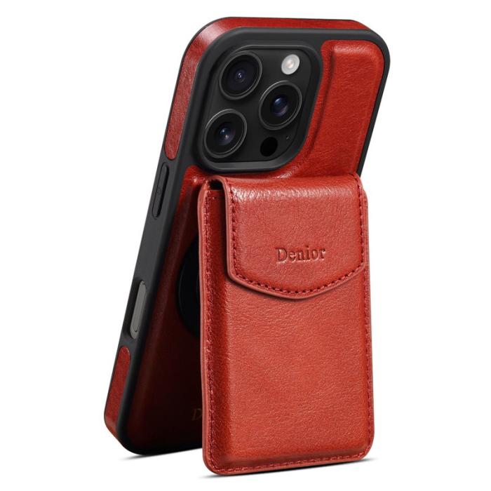 DENIOR - DENIOR D22 iPhone 16 Pro Fodral Avtagbar Kortväska Äkta Läder Röd