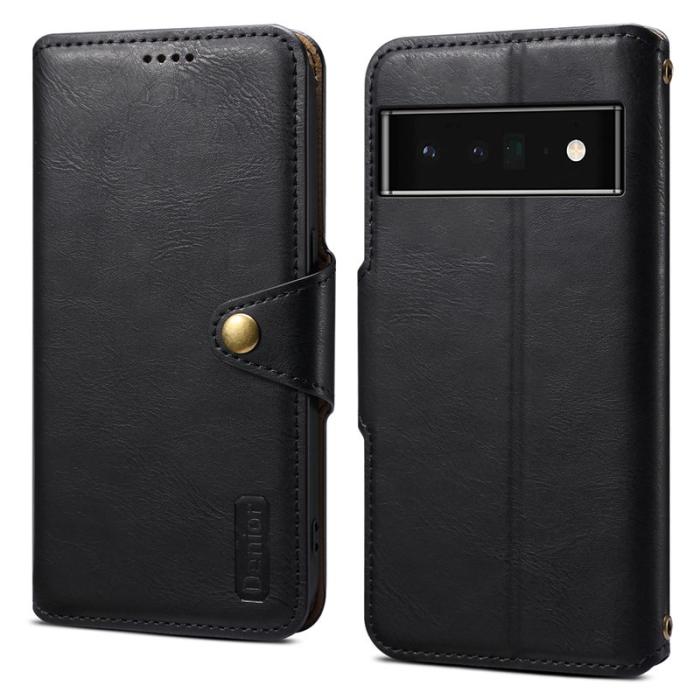 DENIOR - DENIOR Google Pixel 6 Pro Fodral Äkta läder Stativ Stöttålig - Svart
