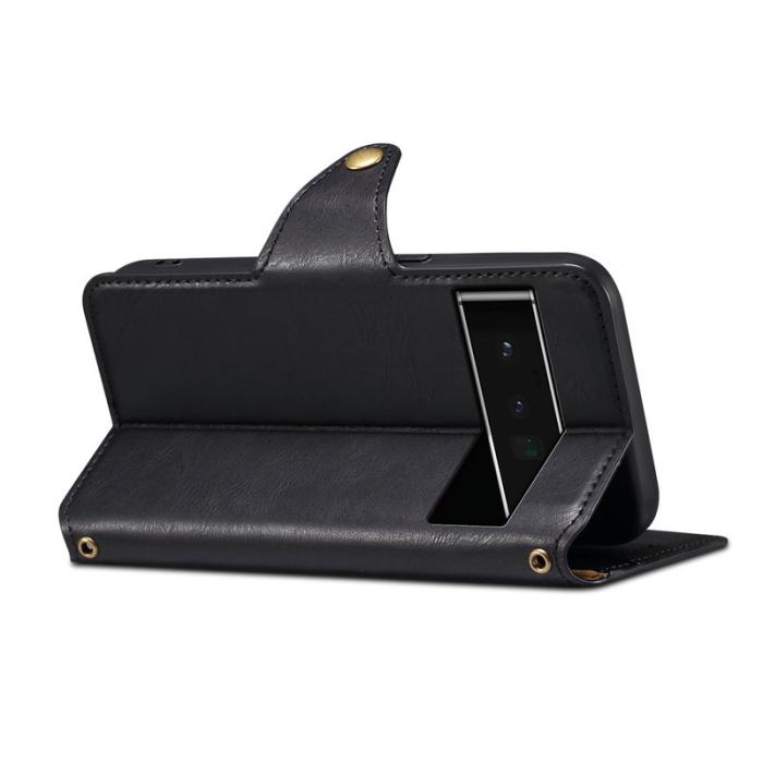 DENIOR - DENIOR Google Pixel 6 Pro Fodral Äkta läder Stativ Stöttålig - Svart