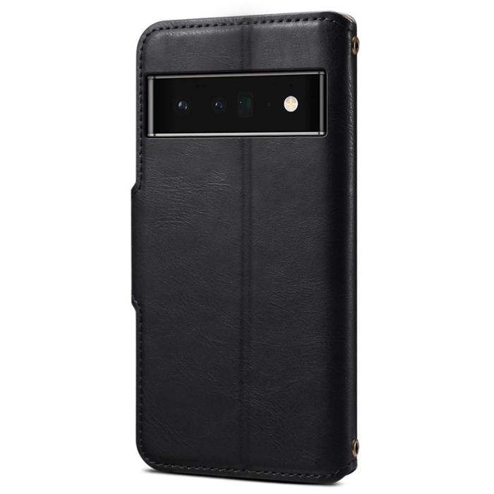 DENIOR - DENIOR Google Pixel 6 Pro Fodral Äkta läder Stativ Stöttålig - Svart