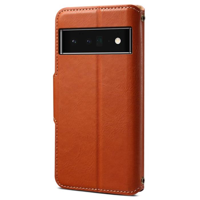 DENIOR - DENIOR Google Pixel 6 Pro Fodral Äkta läder Ställ Shockproof - Brun