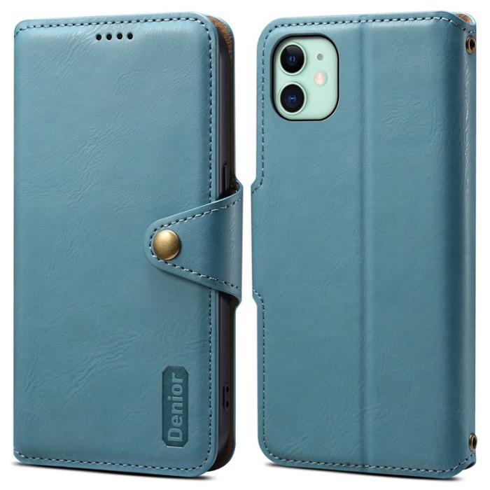 DENIOR - DENIOR iPhone 11 Fodral Äkta Läder Blå med Stötabsorberande Design
