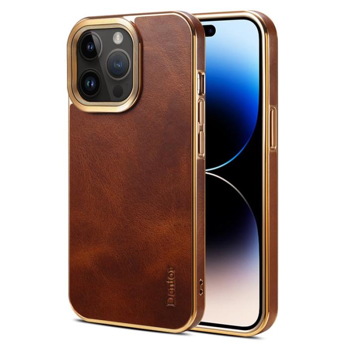 DENIOR - DENIOR iPhone 14 Pro Skal Äkta Läder + PU Läder + PC - Brun