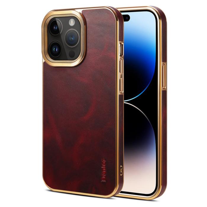 DENIOR - DENIOR iPhone 14 Pro Fodral Äkta Läder + PU Läder + PC Röd