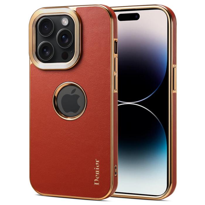 DENIOR - DENIOR iPhone 14 Pro Max Fodral PC+TPU+Äkta Läder - Mörkröd