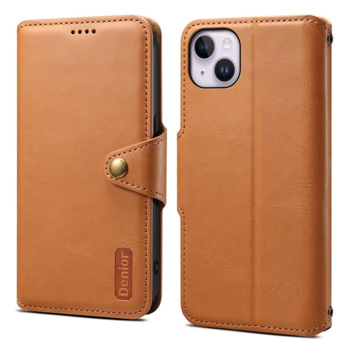 DENIOR - DENIOR iPhone 15 Plus Fodral i äkta läder med plånbok - Khaki