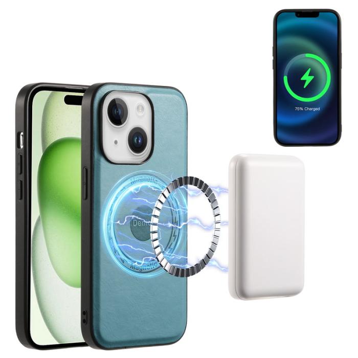 DENIOR - DENIOR iPhone 15 Plus Magnetfodral Läder+PC+TPU - Blå