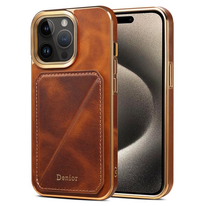 DENIOR - DENIOR iPhone 15 Pro Fodral Stöttåligt Vaxat Äkta Läder + TPU + PC - Brun