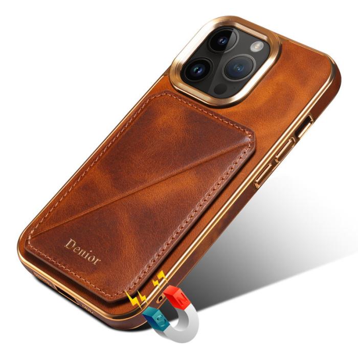 DENIOR - DENIOR iPhone 15 Pro Fodral Stöttåligt Vaxat Äkta Läder + TPU + PC - Brun