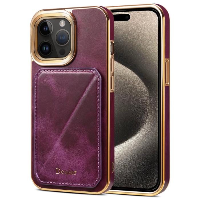 DENIOR - DENIOR iPhone 15 Pro Fodral Stötsäkert Vaxat Äkta Läder + TPU + PC - Lila