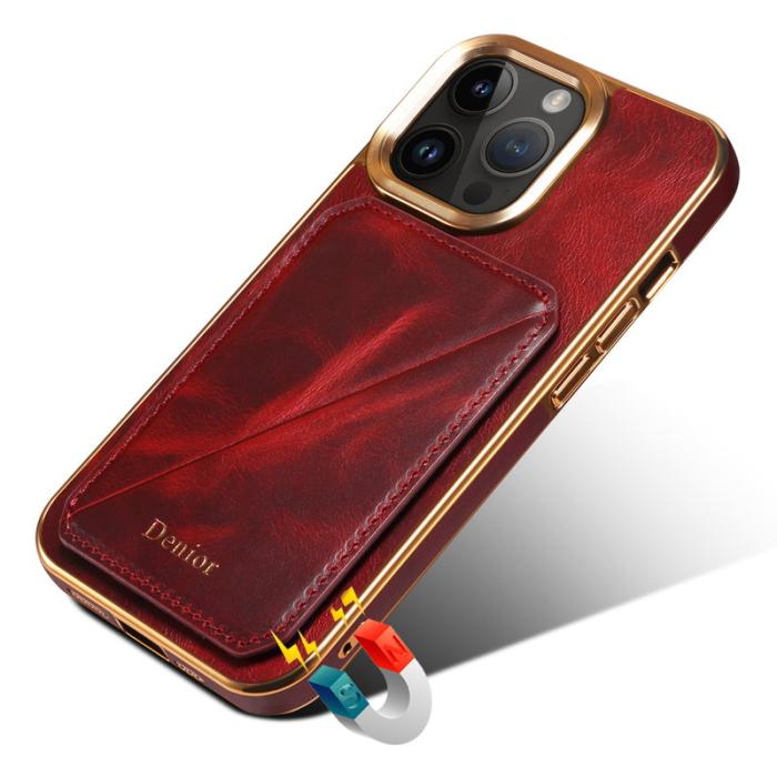 DENIOR - DENIOR iPhone 15 Pro Fodral Stöttåligt Vaxat Äkta Läder + TPU + PC - Röd