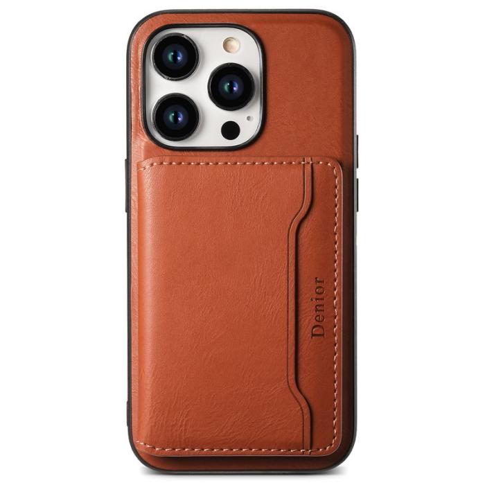 DENIOR - DENIOR iPhone 15 Pro Skal i äkta läder med kortficka - Brun