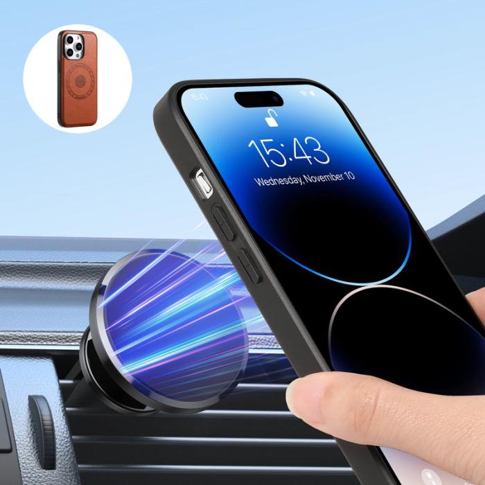 DENIOR - DENIOR iPhone 15 Pro Skal i äkta läder med kortficka - Brun