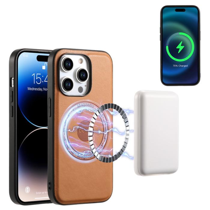 DENIOR - DENIOR iPhone 15 Pro Skal i äkta läder med kickstand - Khaki