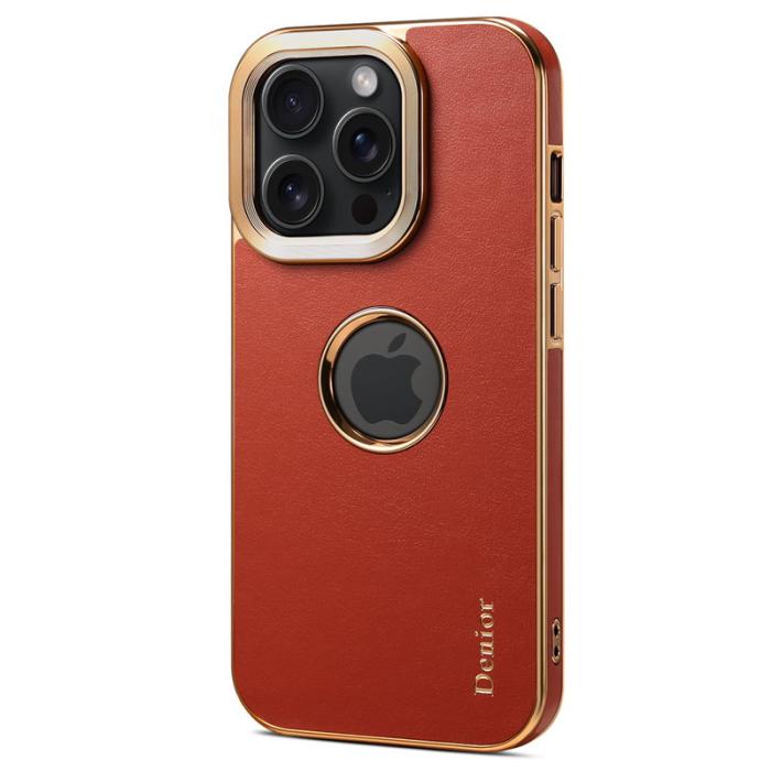 DENIOR - DENIOR iPhone 15 Pro Max Fodral Äkta läder Elektropläterad - Mörkröd
