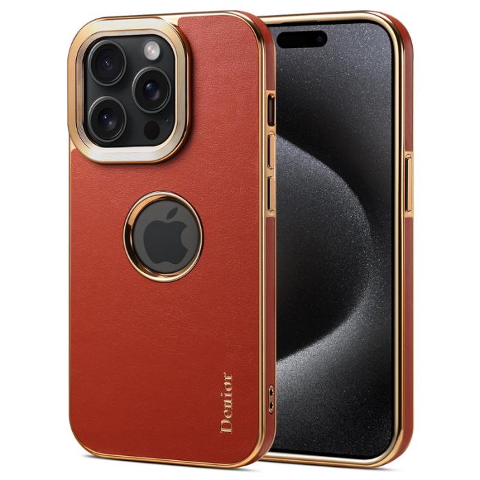 DENIOR - DENIOR iPhone 15 Pro Fodral Anti-drop PC+TPU Äkta Läder Mörkröd