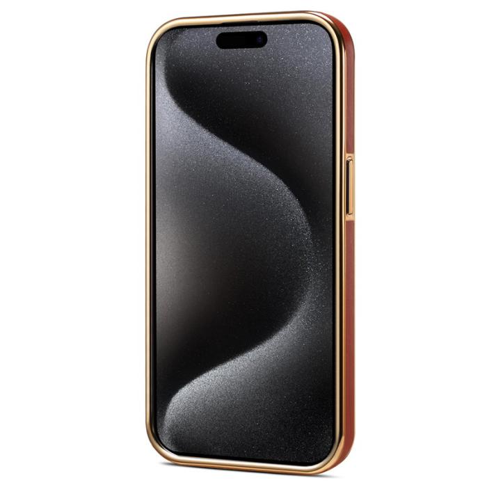 DENIOR - DENIOR iPhone 15 Pro Fodral Anti-drop PC+TPU Äkta Läder Mörkröd
