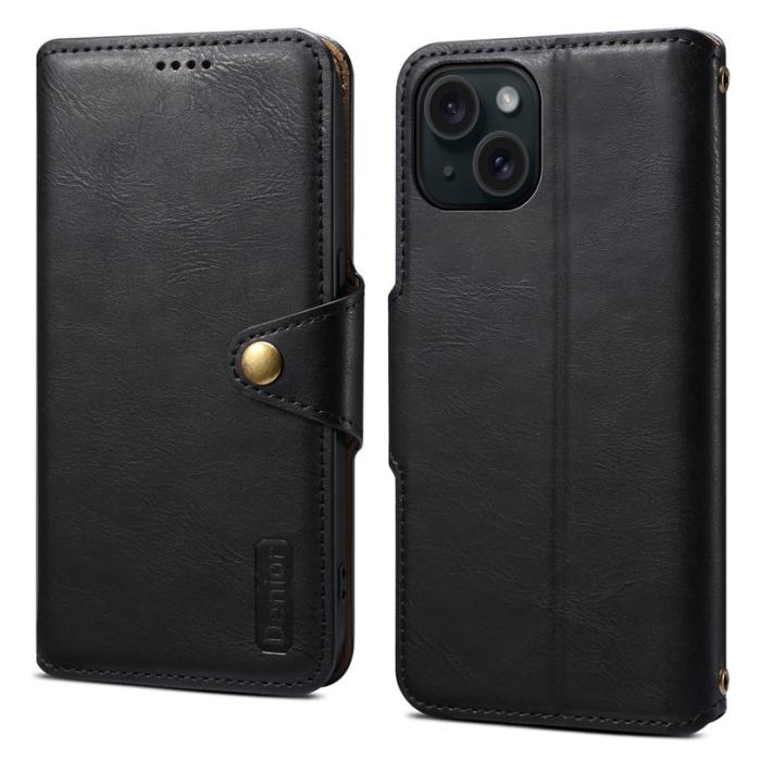 DENIOR - DENIOR iPhone 15 Plånboksfodral Äkta Läder Svart
